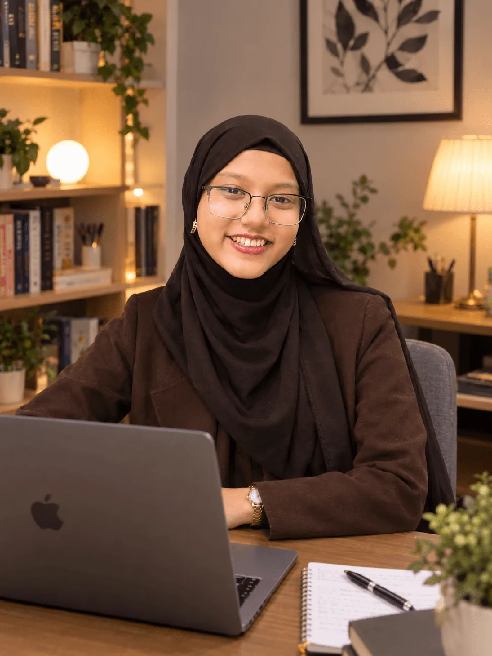 Mahbuba Saniya smiling at her desk