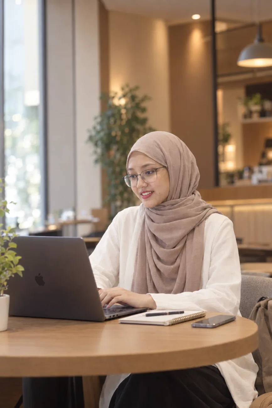 Mahbuba Saniya working on a laptop in a café